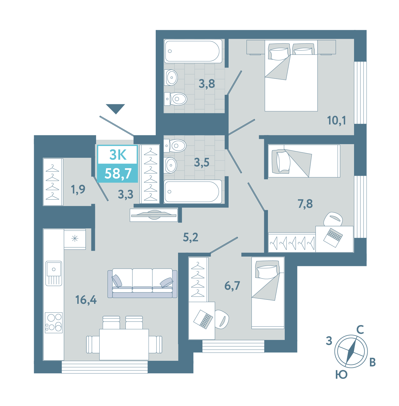 Планировка: 4-комнатная евро 58.7 м² в ЖК AIRIS, Комарово Парк