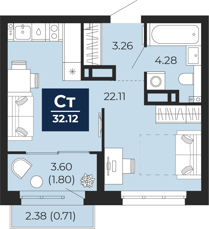 Планировка: Студия 29.6 м² в ЖК Беринг, Лесобаза