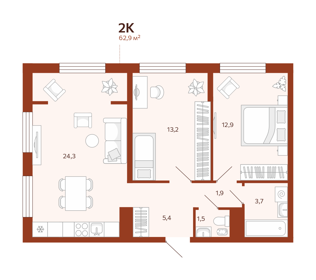 Планировка: Евротрешка 62.9 м² в ЖК Новатор, Центр: КПД