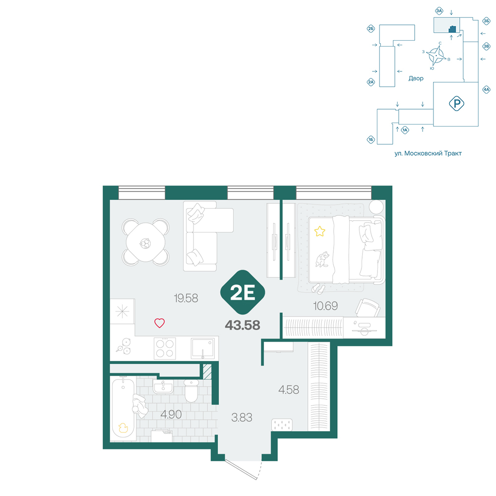 Планировка: Евродвушка 43.6 м² в ЖК Сибирский, Московский тракт