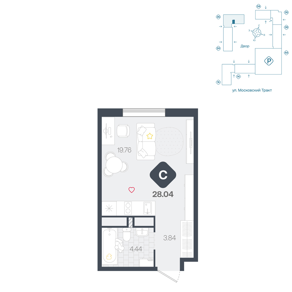 Планировка: Студия 28 м² в ЖК Сибирский, Московский тракт