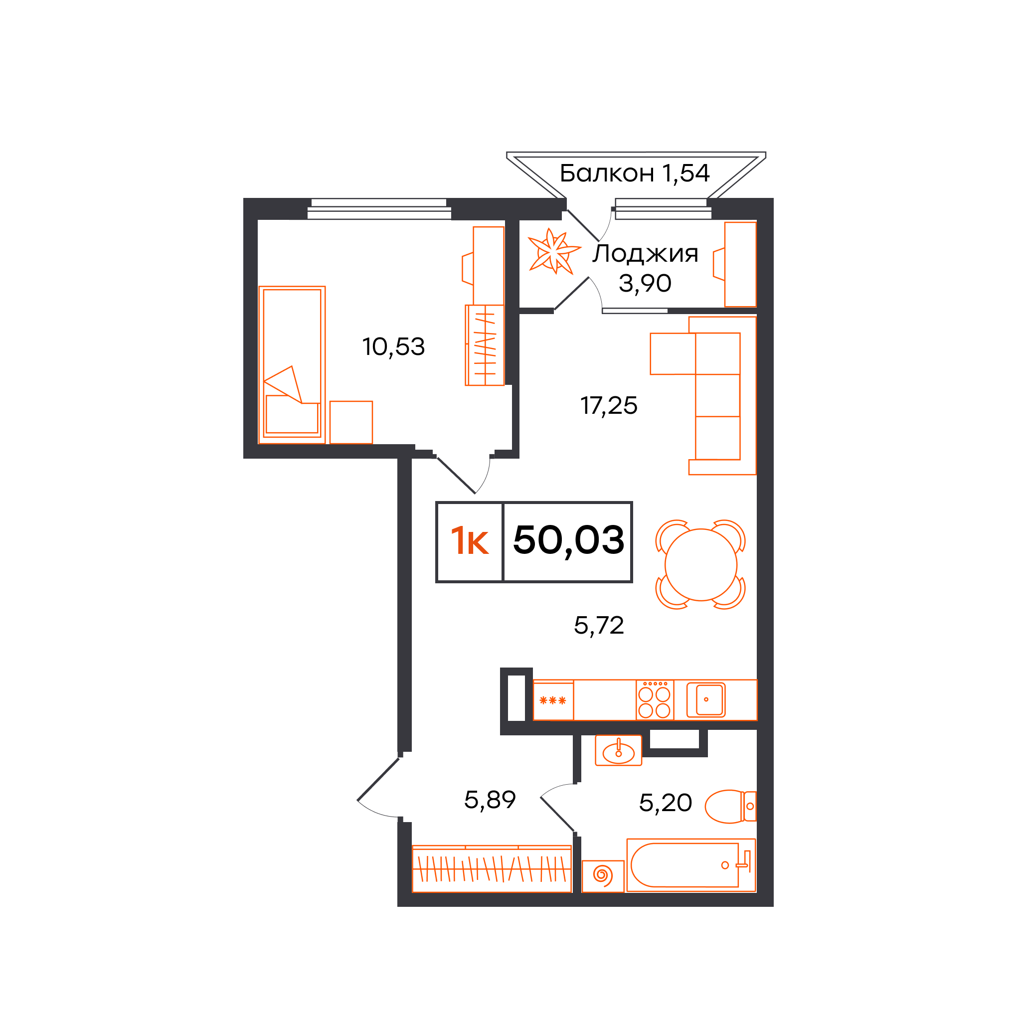 Планировка: Евродвушка 50 м² в ЖК Отличие, Комарово Парк