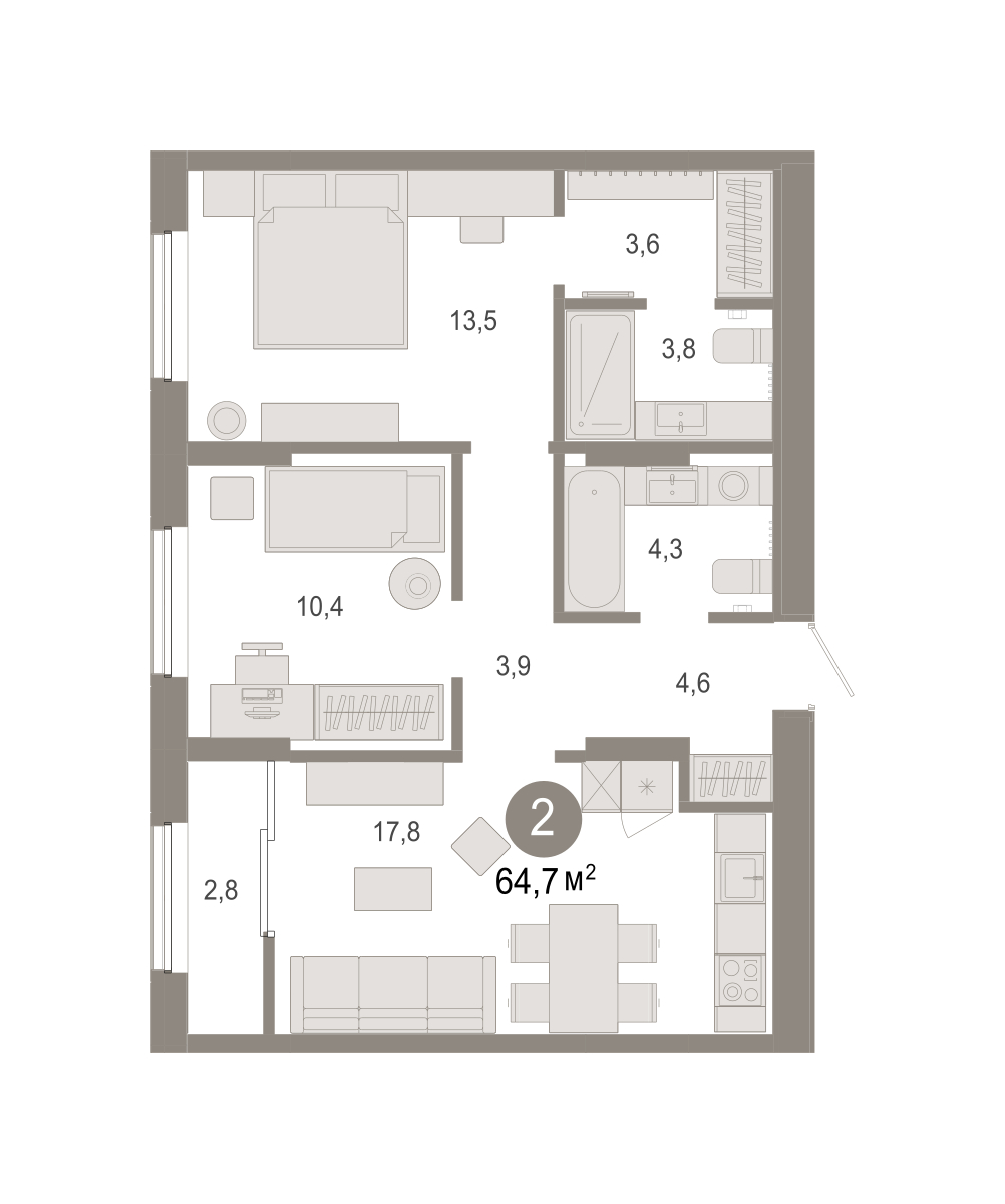 Планировка: Евротрешка 64.7 м² в ЖК Октябрьский на Туре, ДОК