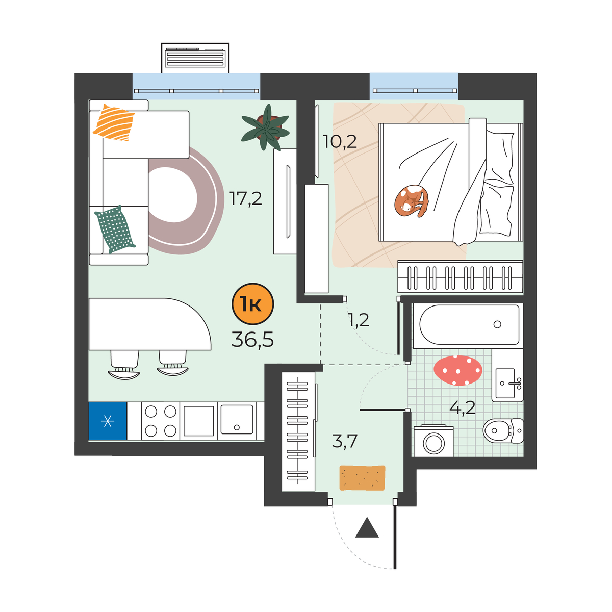 Планировка: Евродвушка 36.5 м² в ЖК Корней, Южный