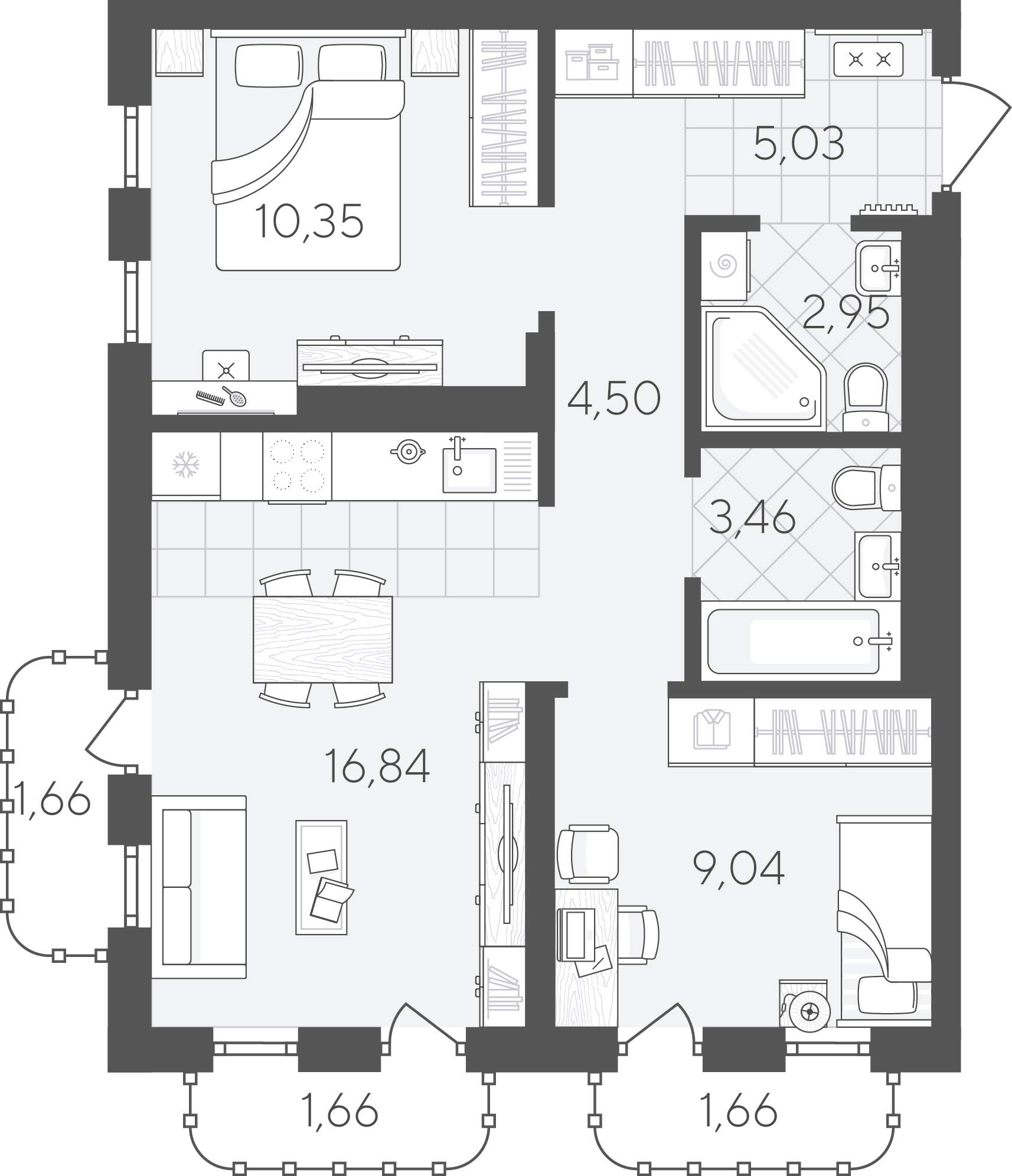 Планировка: Евротрешка 57.1 м² в ЖК Скандиа. Квартал в Слободе, Тюменская слобода