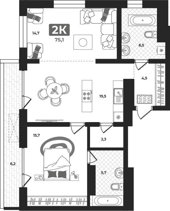 Планировка: Евродвушка 76.7 м² в ЖК Маэстро, 5-й Заречный
