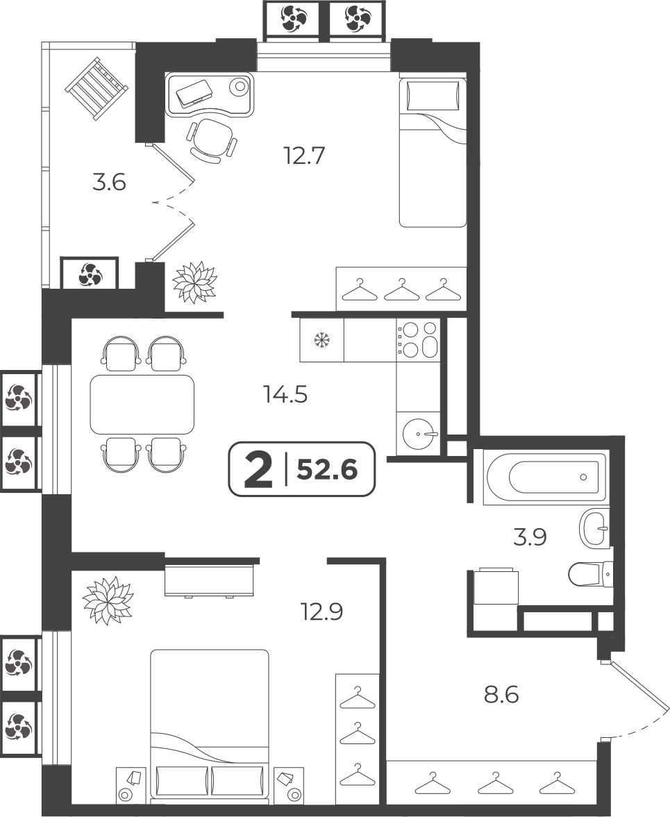 Планировка: Евротрешка 52.6 м² в ЖК Симфония, Центр: Студгородок