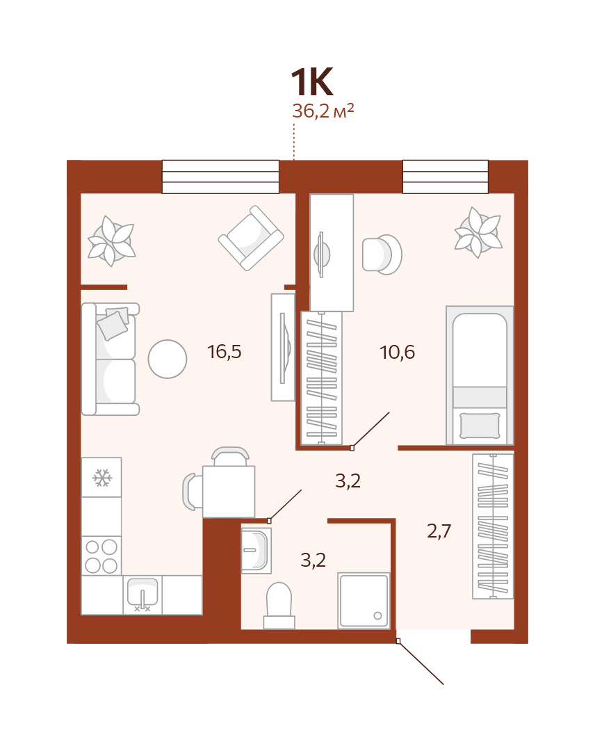 Планировка: Евродвушка 36.2 м² в ЖК Новатор, Центр: КПД