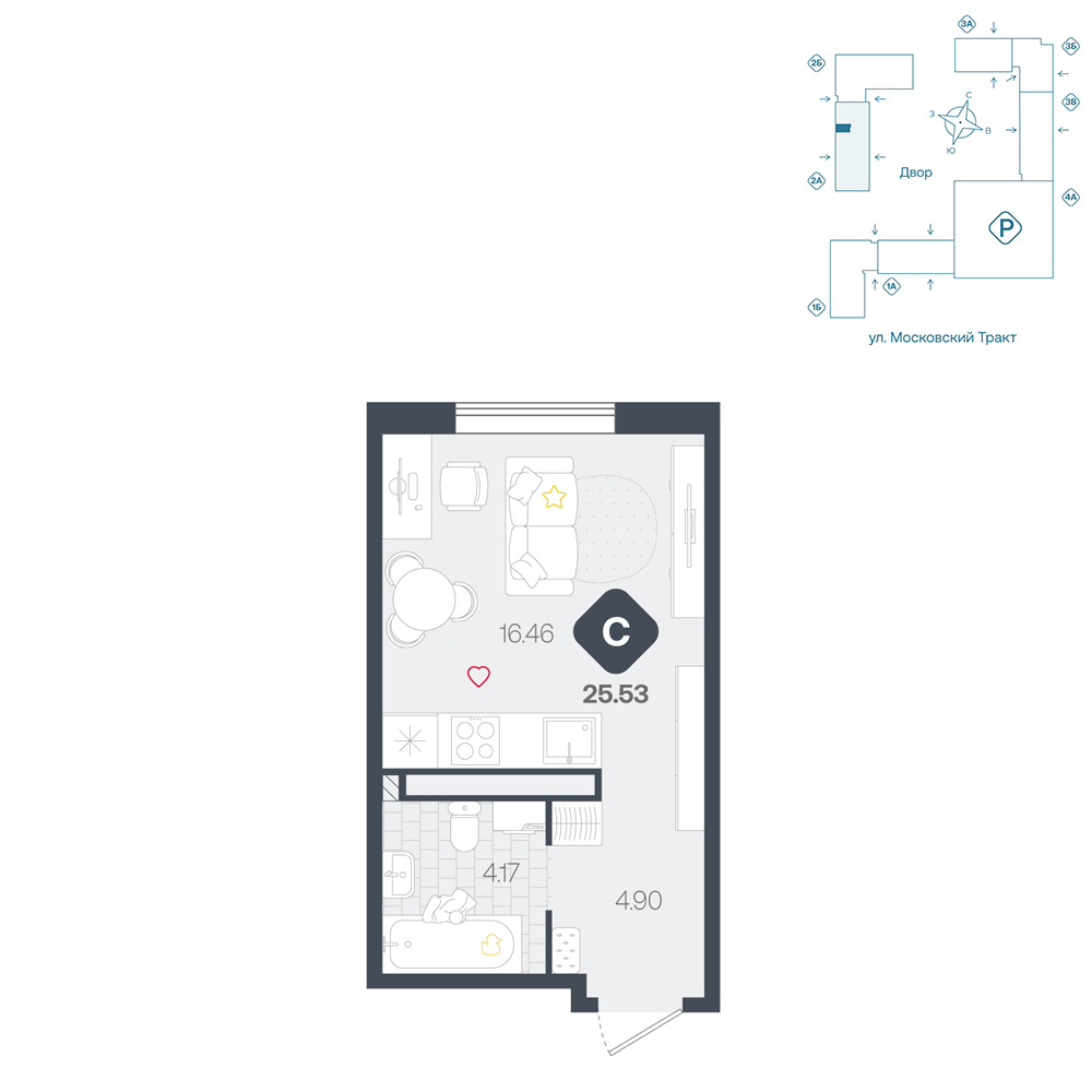 Планировка: Студия 25.5 м² в ЖК Сибирский, Московский тракт