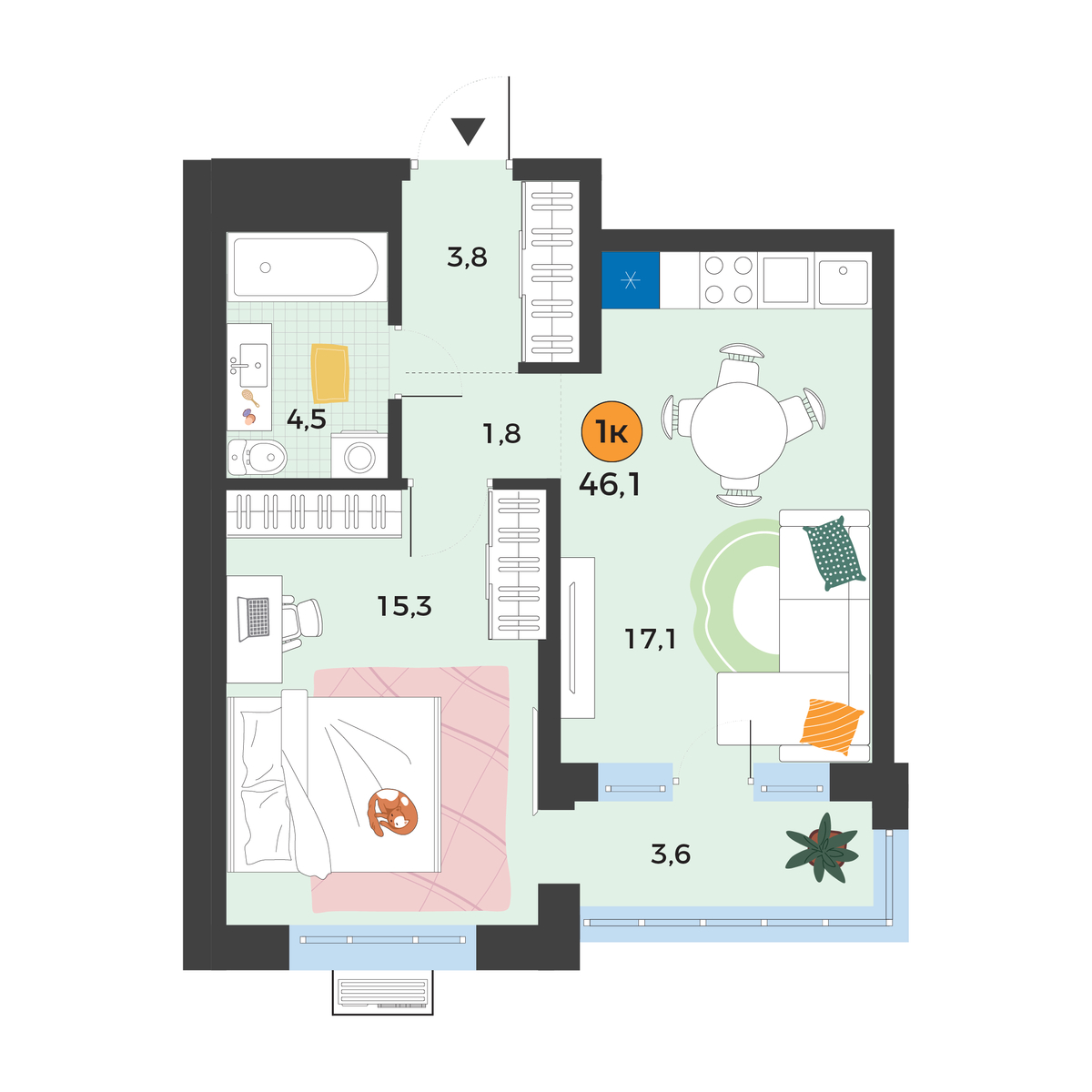 Планировка: Евродвушка 43.6 м² в ЖК Корней, Южный