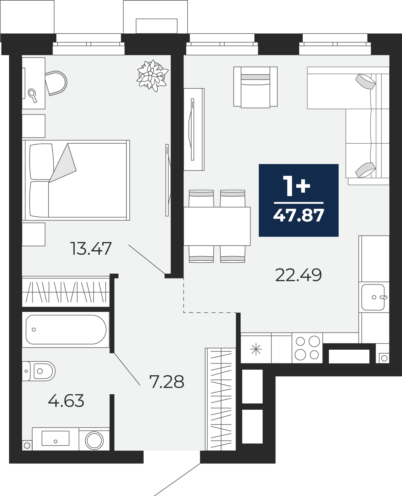 Планировка: Евродвушка 47.9 м² в ЖК Айвазовский, 5-й Заречный