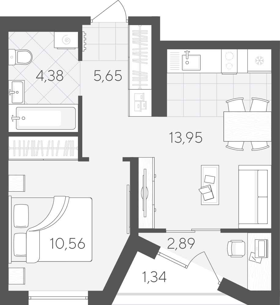 Планировка: Евродвушка 38.8 м² в ЖК Скандиа. Квартал в Комарово Парк, Комарово Парк