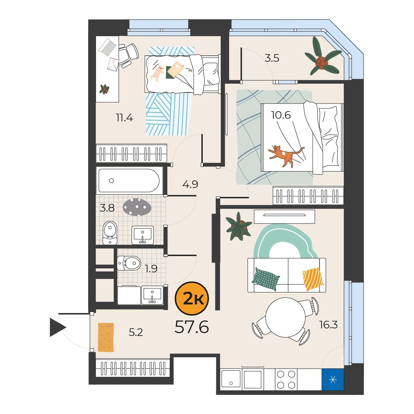 Планировка: Евротрешка 57.6 м² в ЖК Корней, Южный