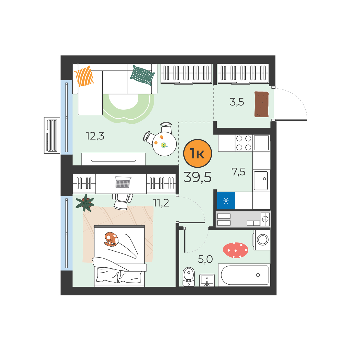 Планировка: Евродвушка 39.5 м² в ЖК Корней, Южный