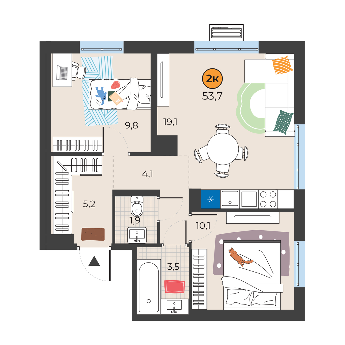 Планировка: Евротрешка 53.7 м² в ЖК Корней, Южный