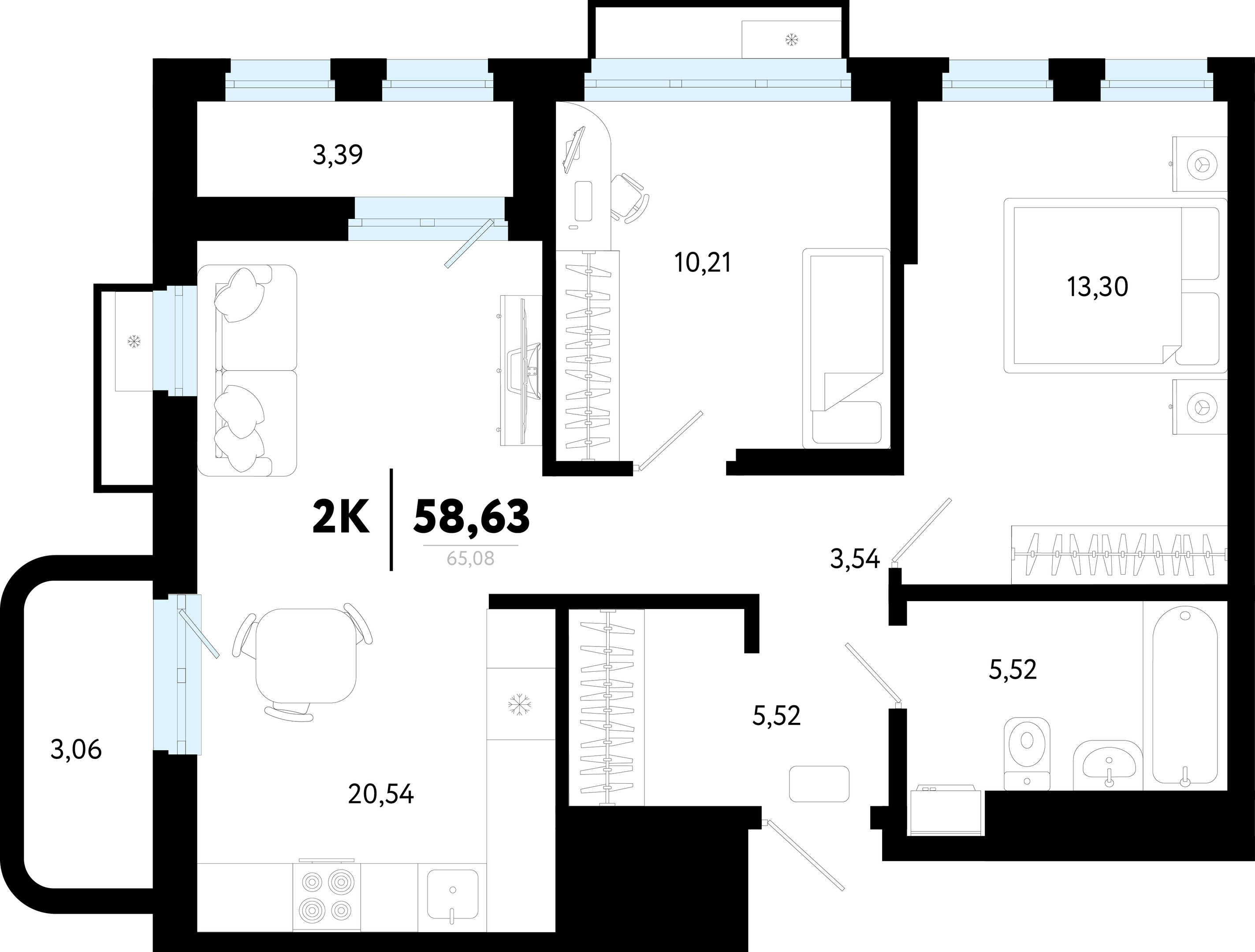 Планировка: Евротрешка 58.6 м² в ЖК Символ, Комарово Парк