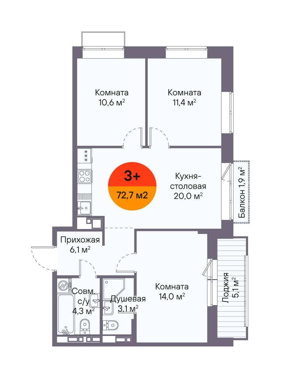 Планировка: 4-комнатная евро 72.7 м² в ЖК Восход, Матмасы