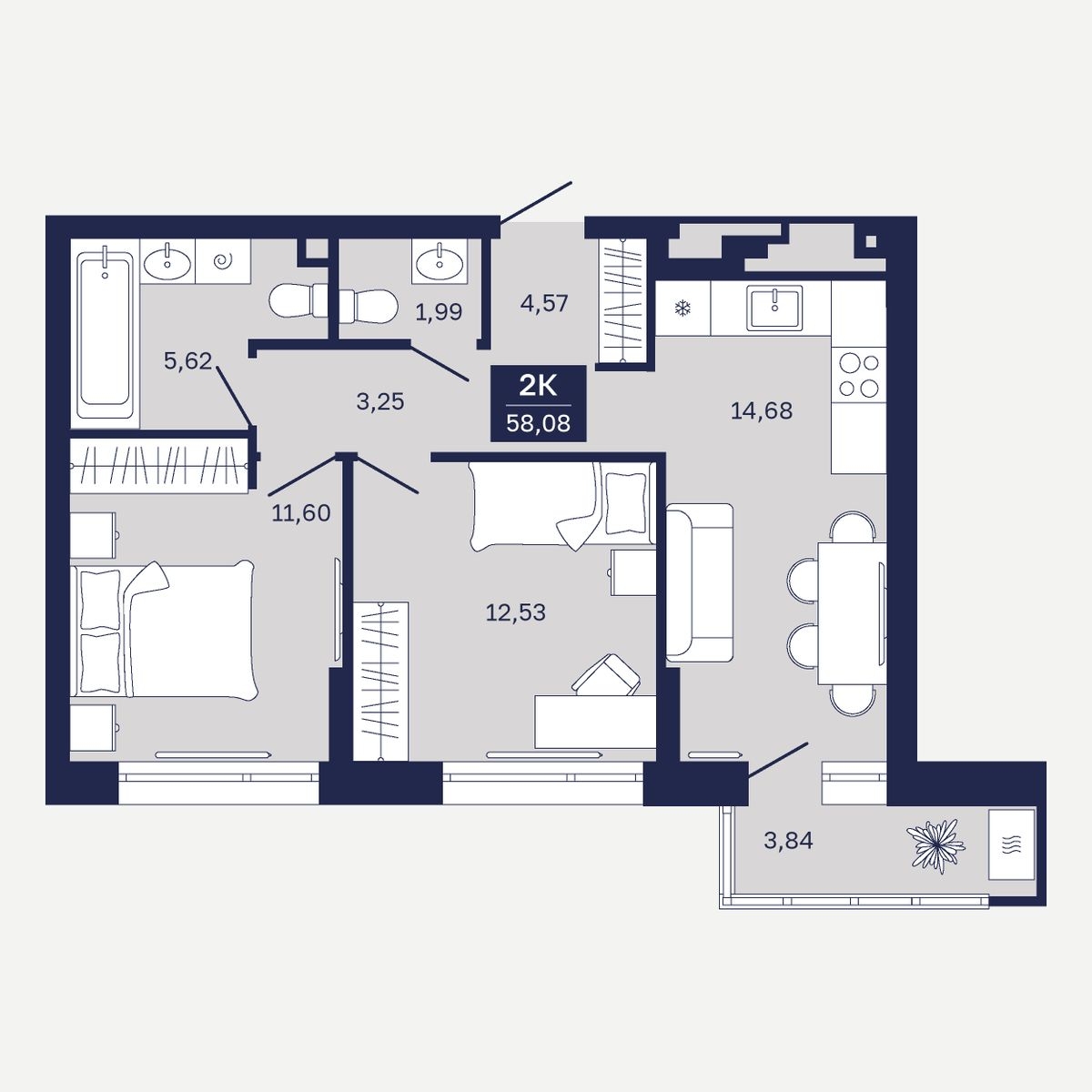 Планировка: Евротрешка 58.1 м² в ЖК Дом на Ямской, Дом Обороны