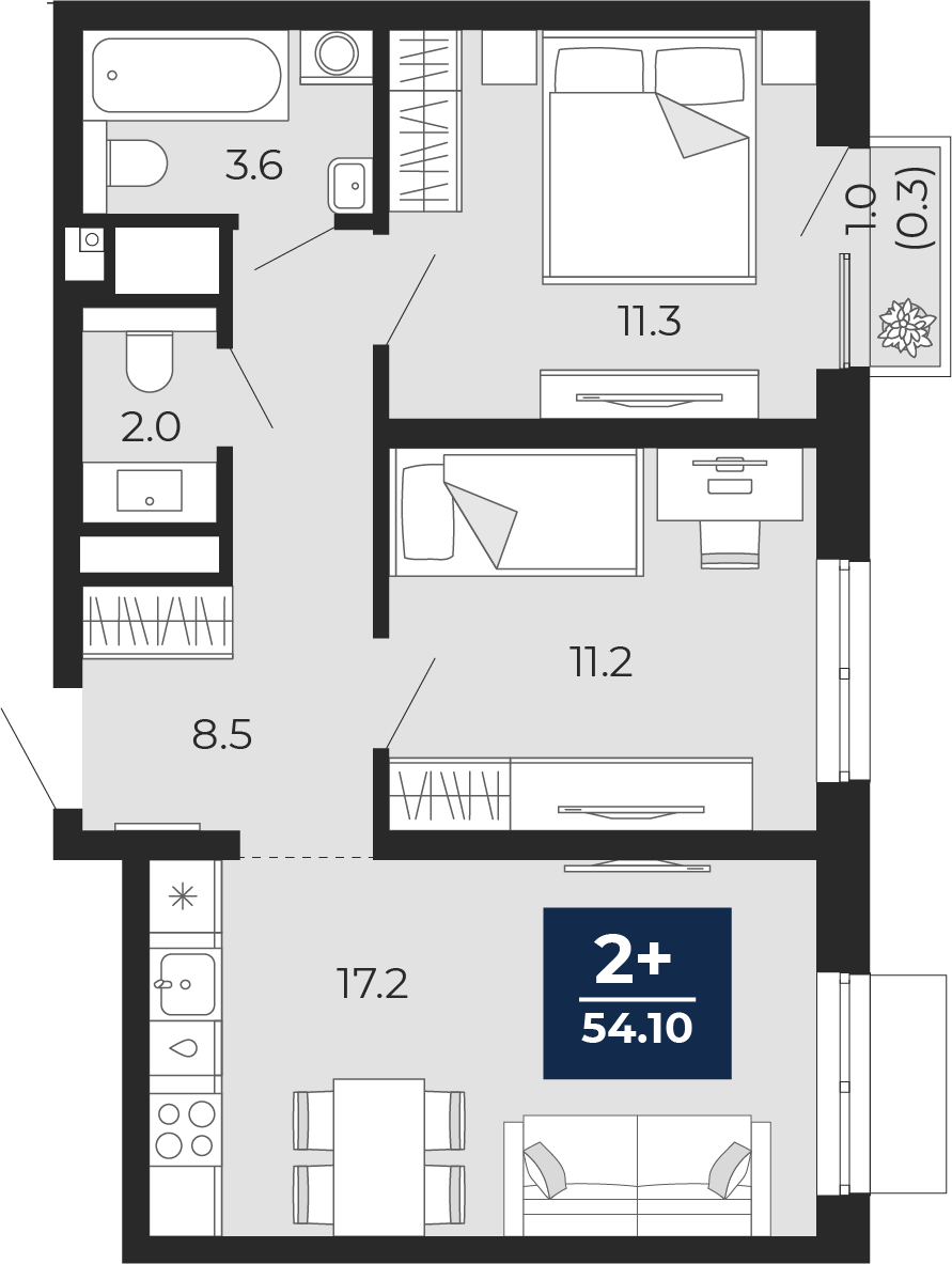 Планировка: Евротрешка 53.8 м² в ЖК Мириады, Мыс