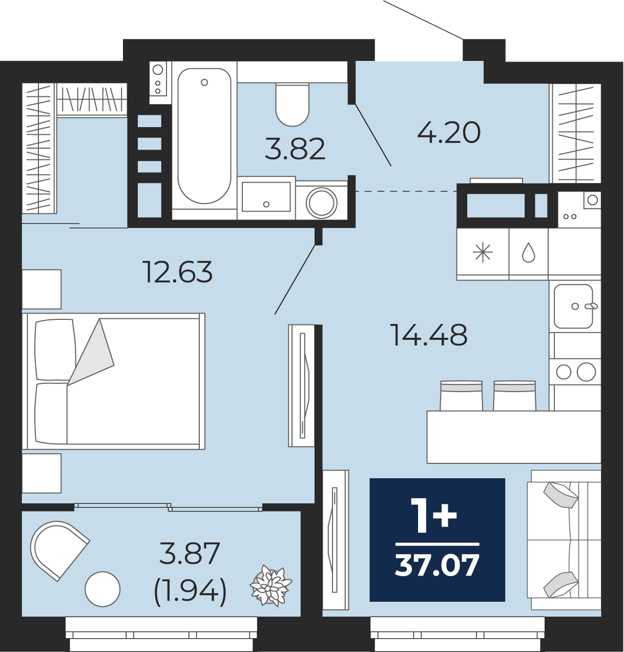 Планировка: Евродвушка 35.1 м² в ЖК Беринг, Лесобаза