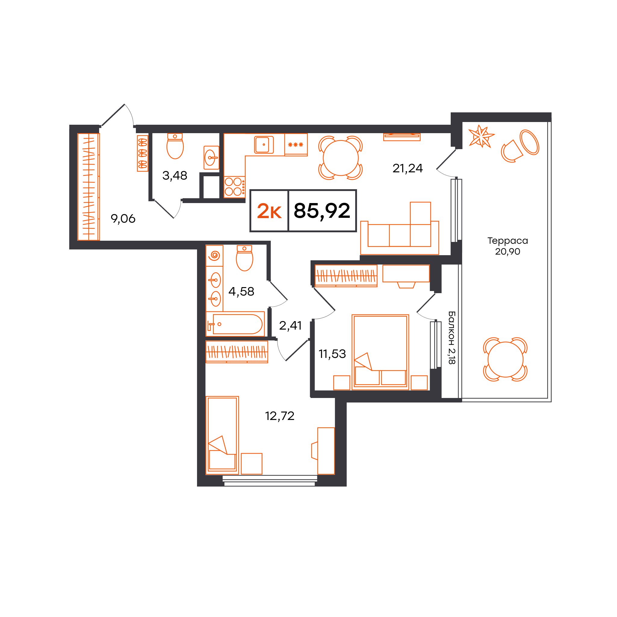 Планировка: Евротрешка 85.9 м² в ЖК Отличие, Комарово Парк