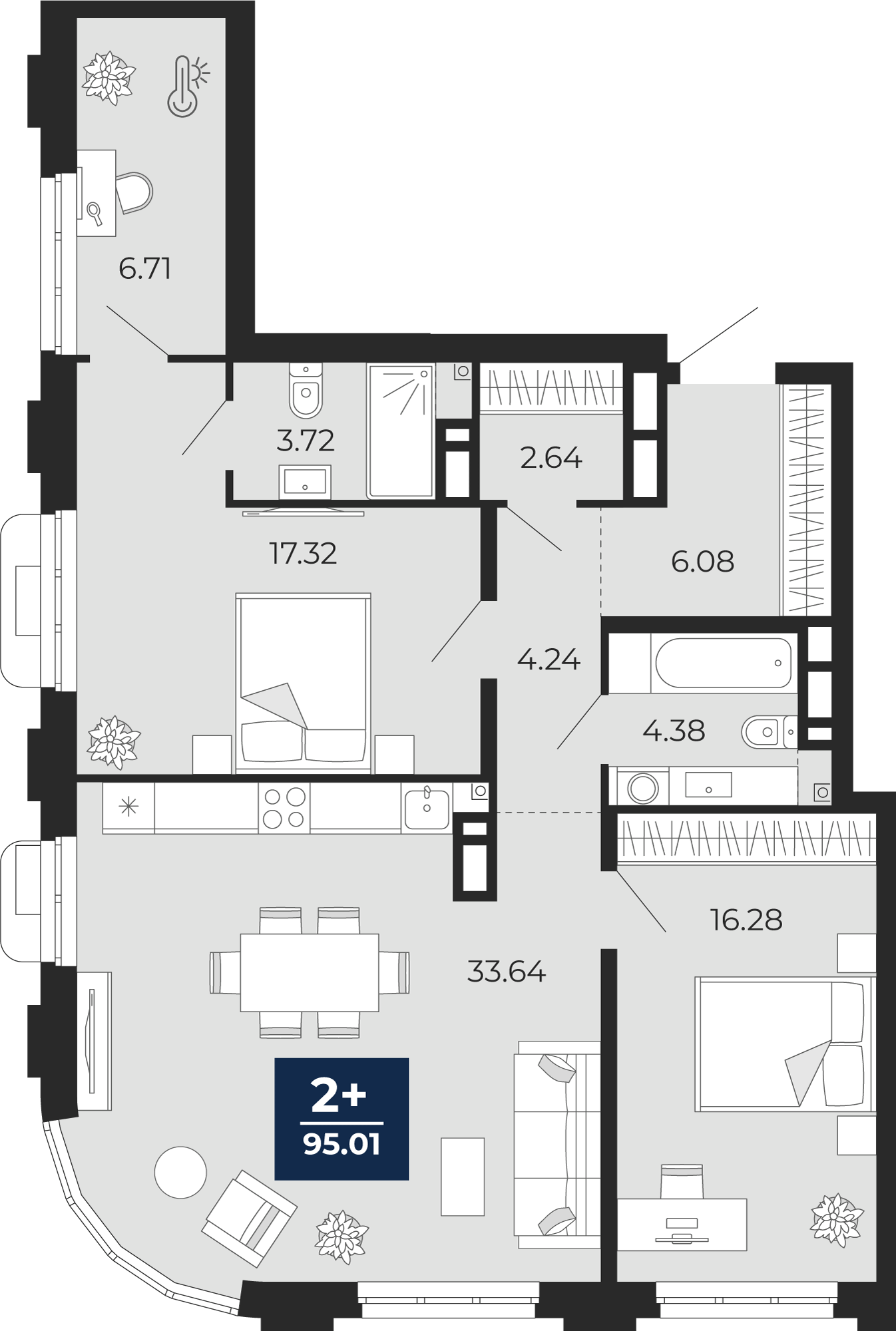 Планировка: Евротрешка 95 м² в ЖК Айвазовский, 5-й Заречный