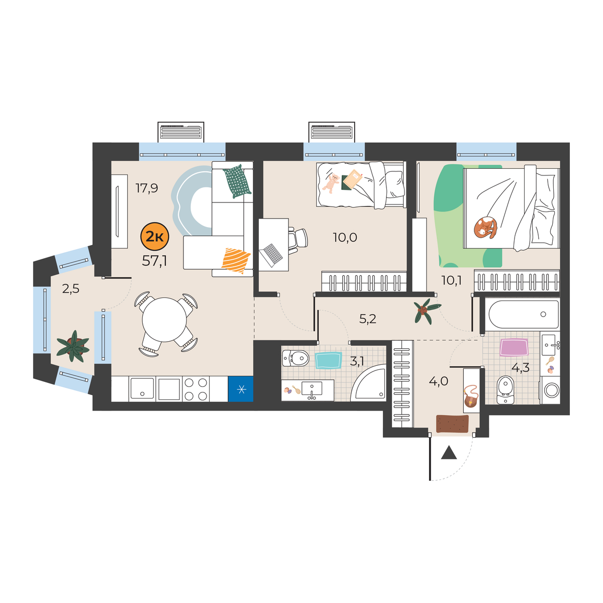 Планировка: Евротрешка 55.4 м² в ЖК Корней, Южный