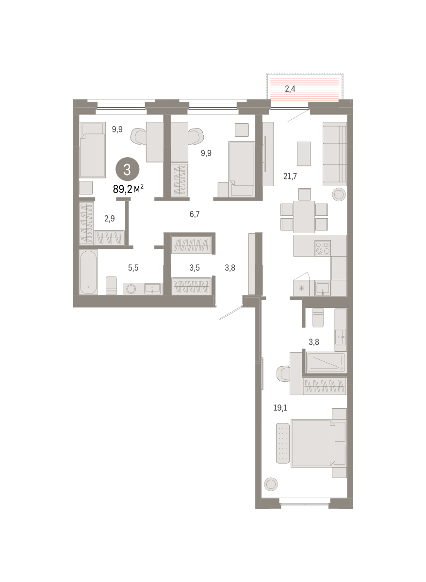 Планировка: 4-комнатная евро 89.2 м² в ЖК Зарека, Заречный