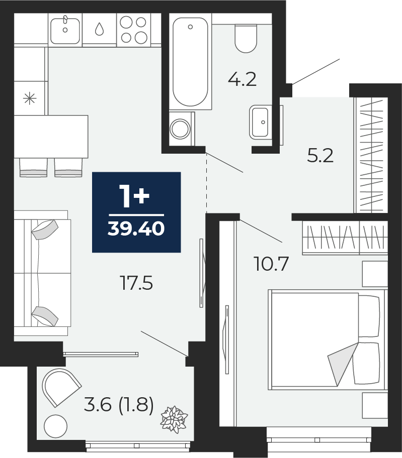 Планировка: Евродвушка 37.6 м² в ЖК Мириады, Мыс