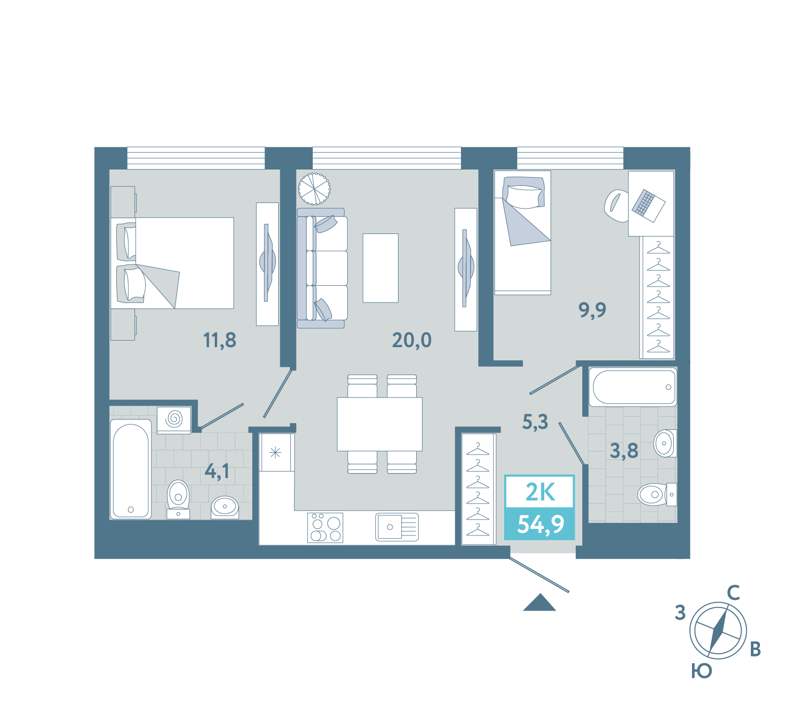 Планировка: Евротрешка 54.9 м² в ЖК AIRIS, Комарово Парк