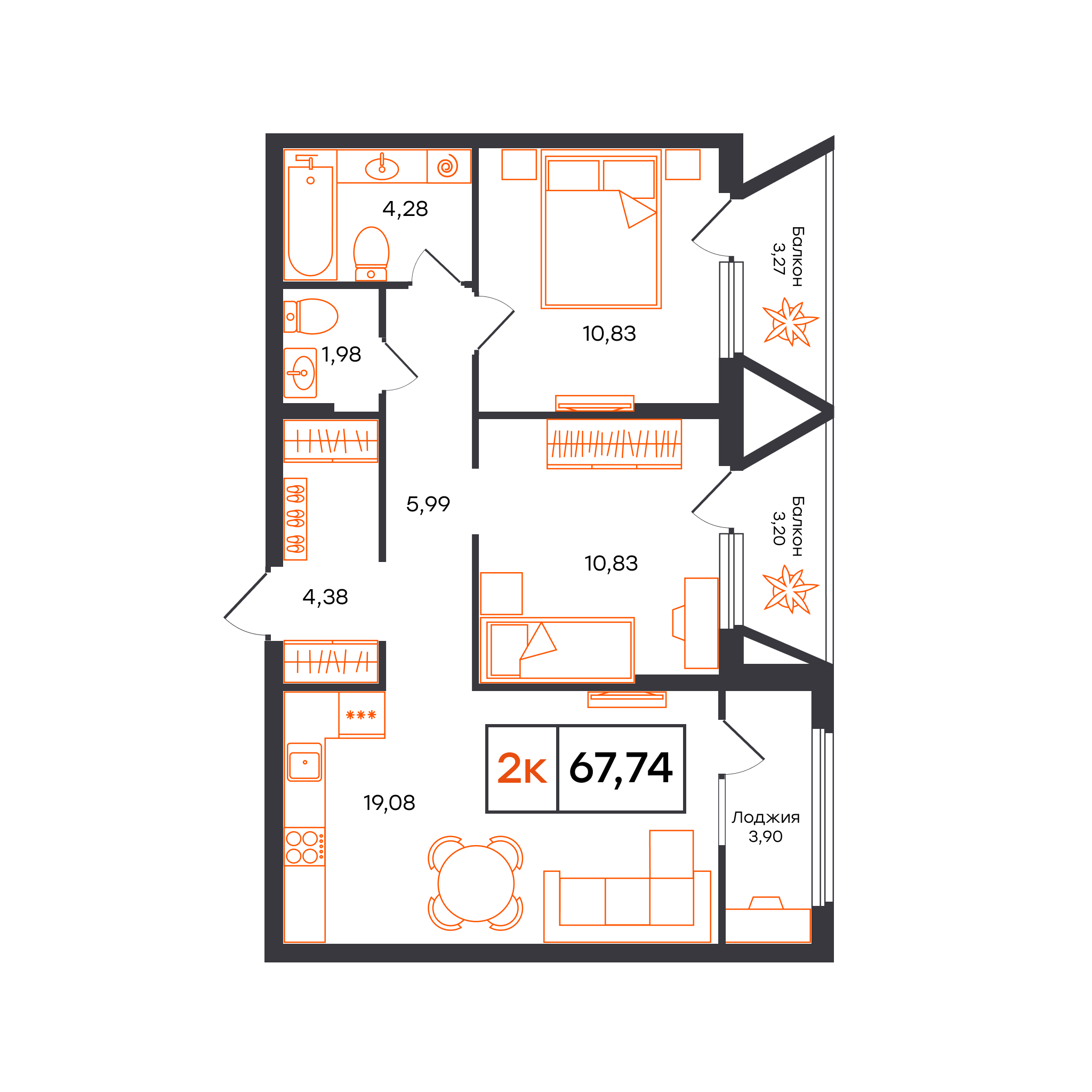 Планировка: Евротрешка 67.7 м² в ЖК Отличие, Комарово Парк