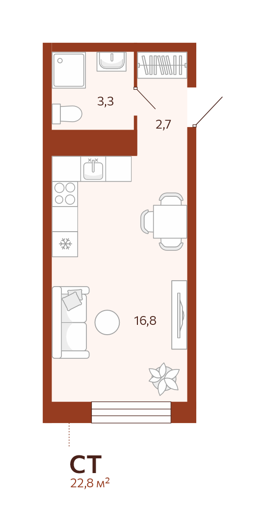 Планировка: Студия 22.8 м² в ЖК Новатор, Центр: КПД
