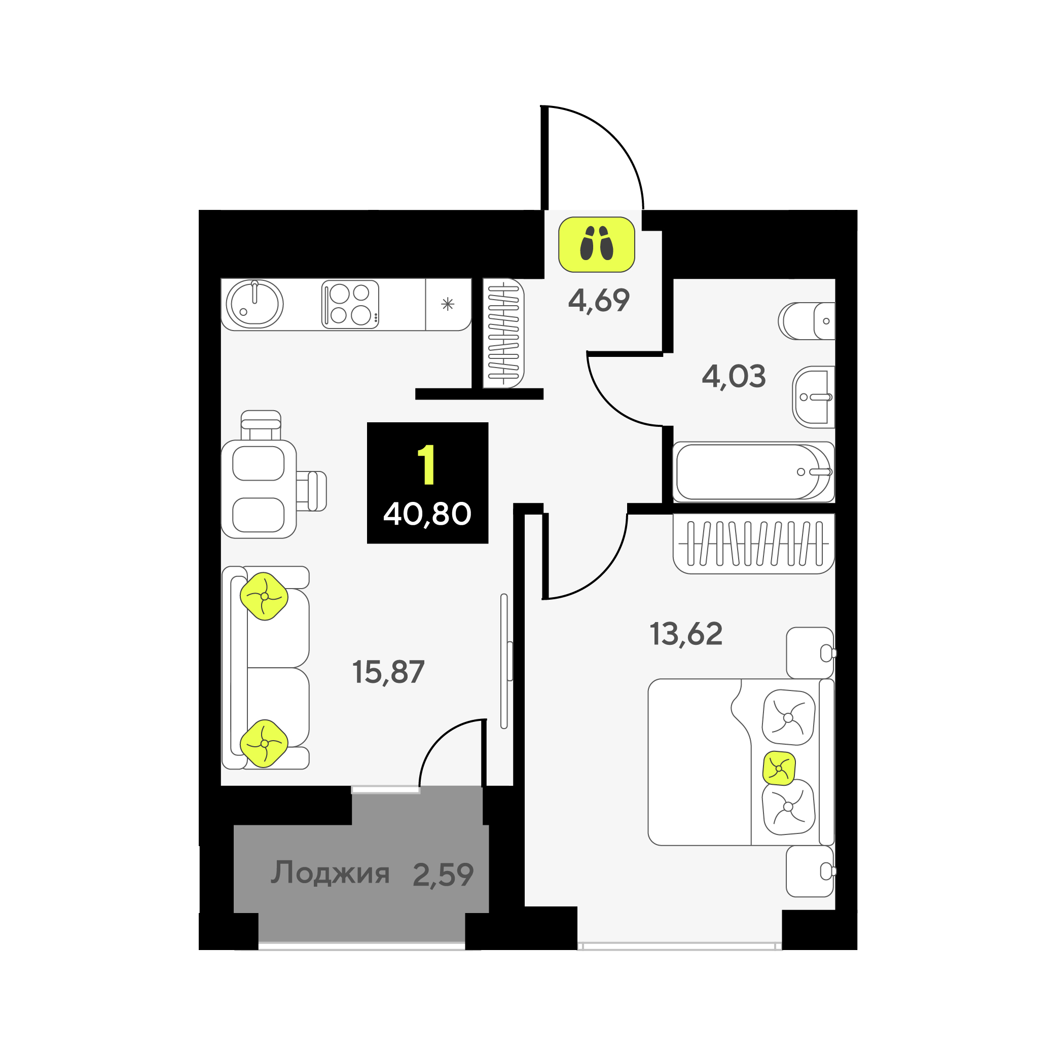 Планировка: Евродвушка 40.8 м² в ЖК Мотивы, От Плеханова до Южного