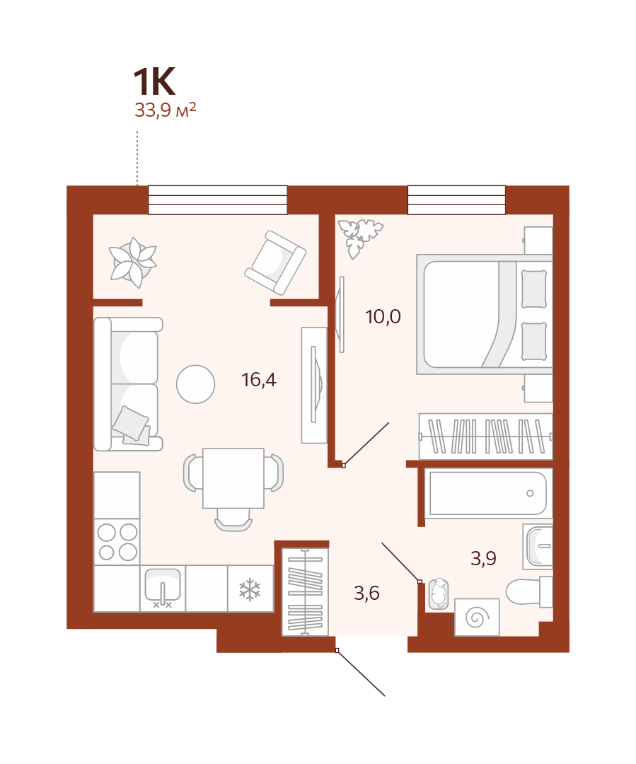 Планировка: Евродвушка 33.9 м² в ЖК Новатор, Центр: КПД