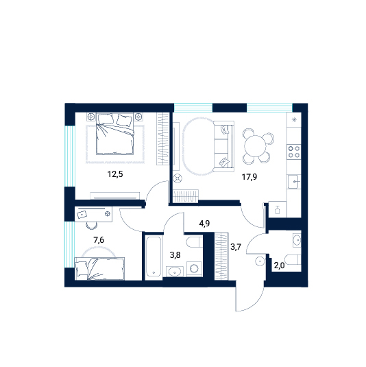 Планировка: Евротрешка 52.4 м² в ЖК AIRIS, Комарово Парк