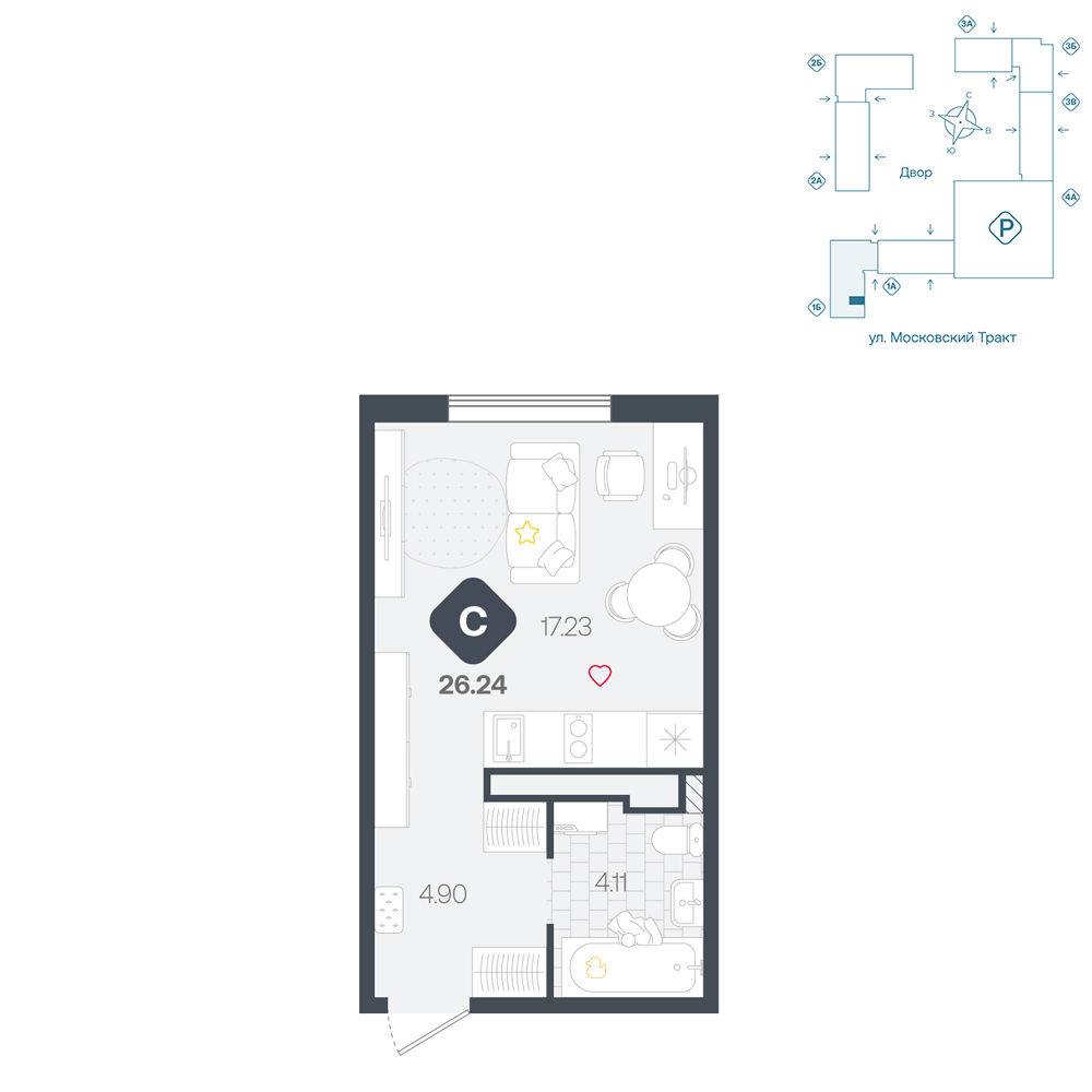 Планировка: Студия 26.2 м² в ЖК Сибирский, Московский тракт