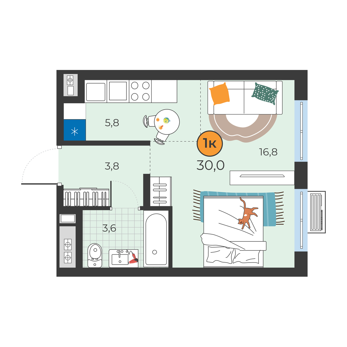 Планировка: Студия 30 м² в ЖК Корней, Южный