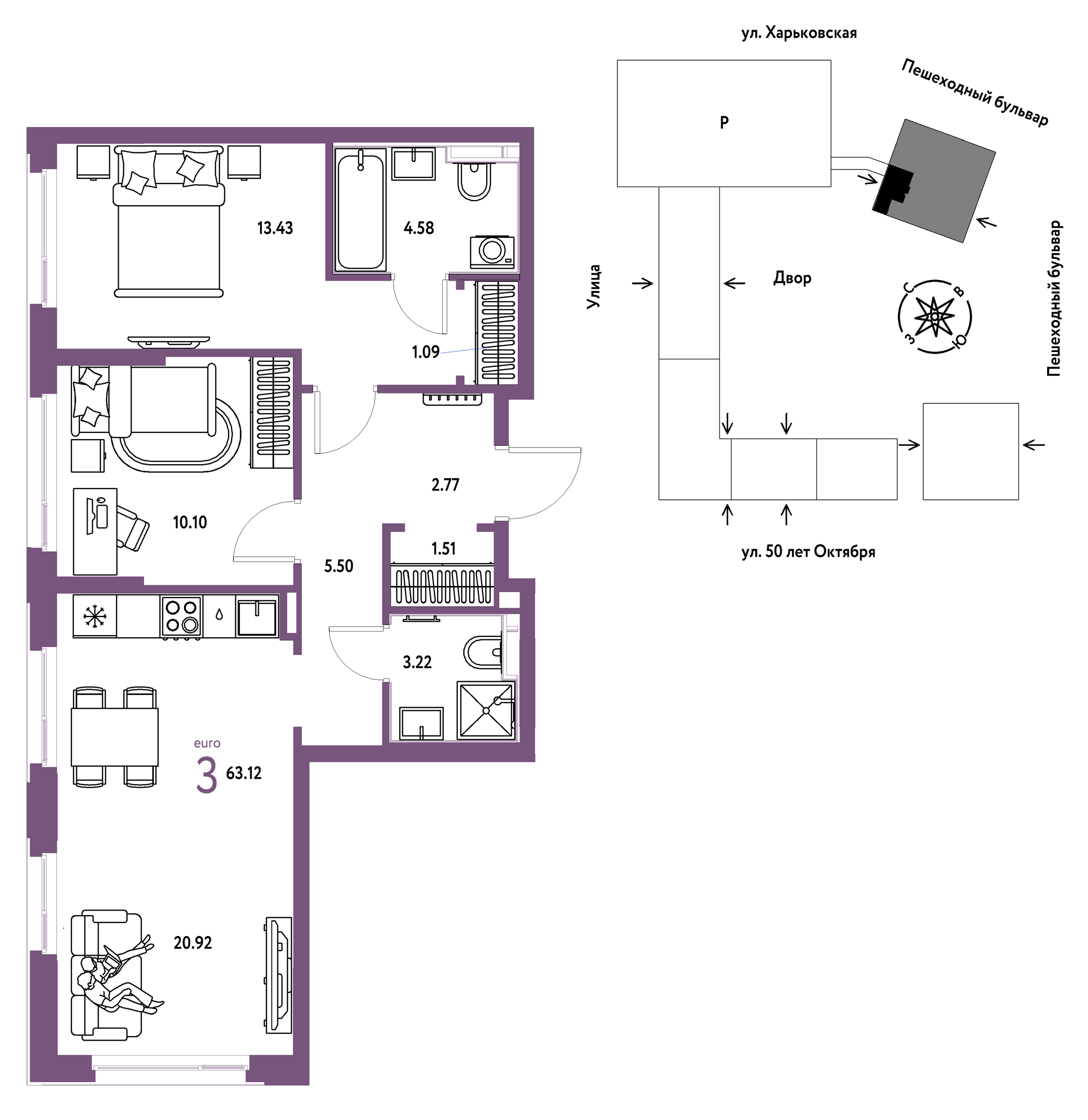 Планировка: Евротрешка 63.1 м² в ЖК Сердце Сибири, Центр: КПД