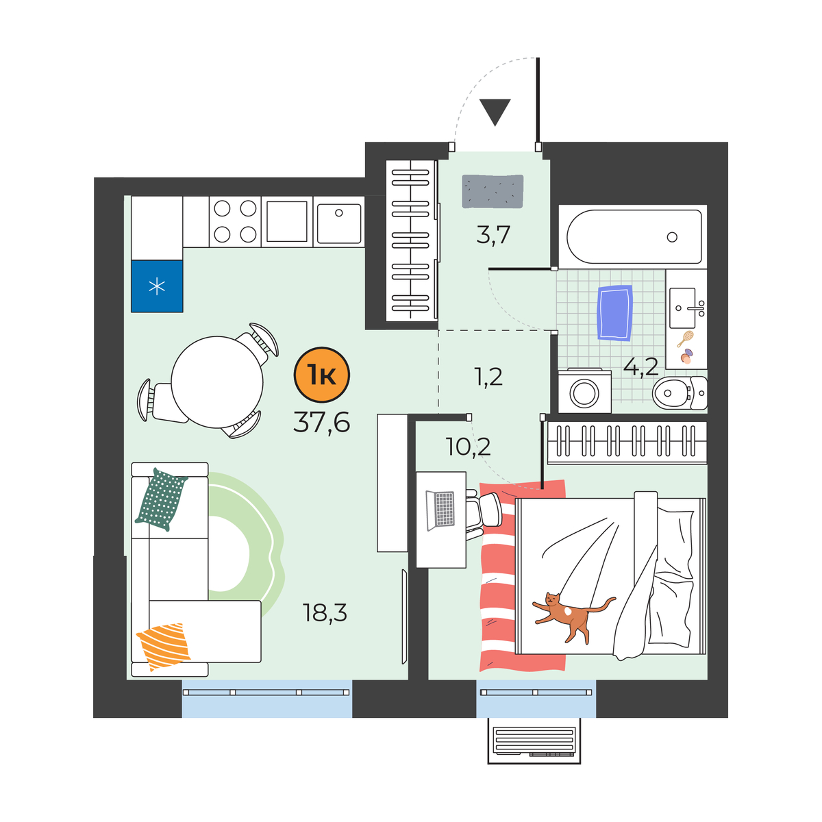 Планировка: Евродвушка 37.6 м² в ЖК Корней, Южный