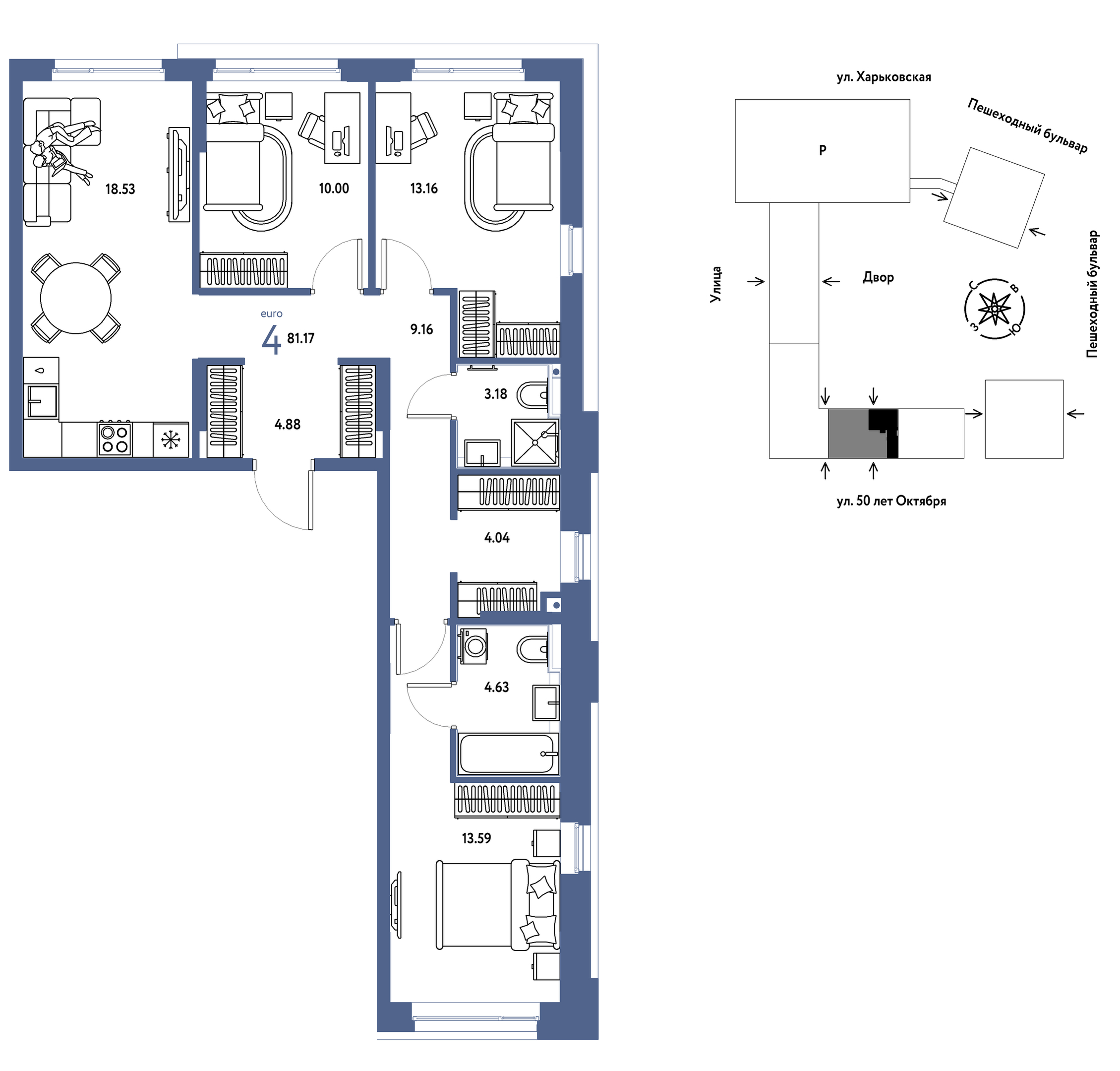 Планировка: 4-комнатная евро 81.2 м² в ЖК Сердце Сибири, Центр: КПД