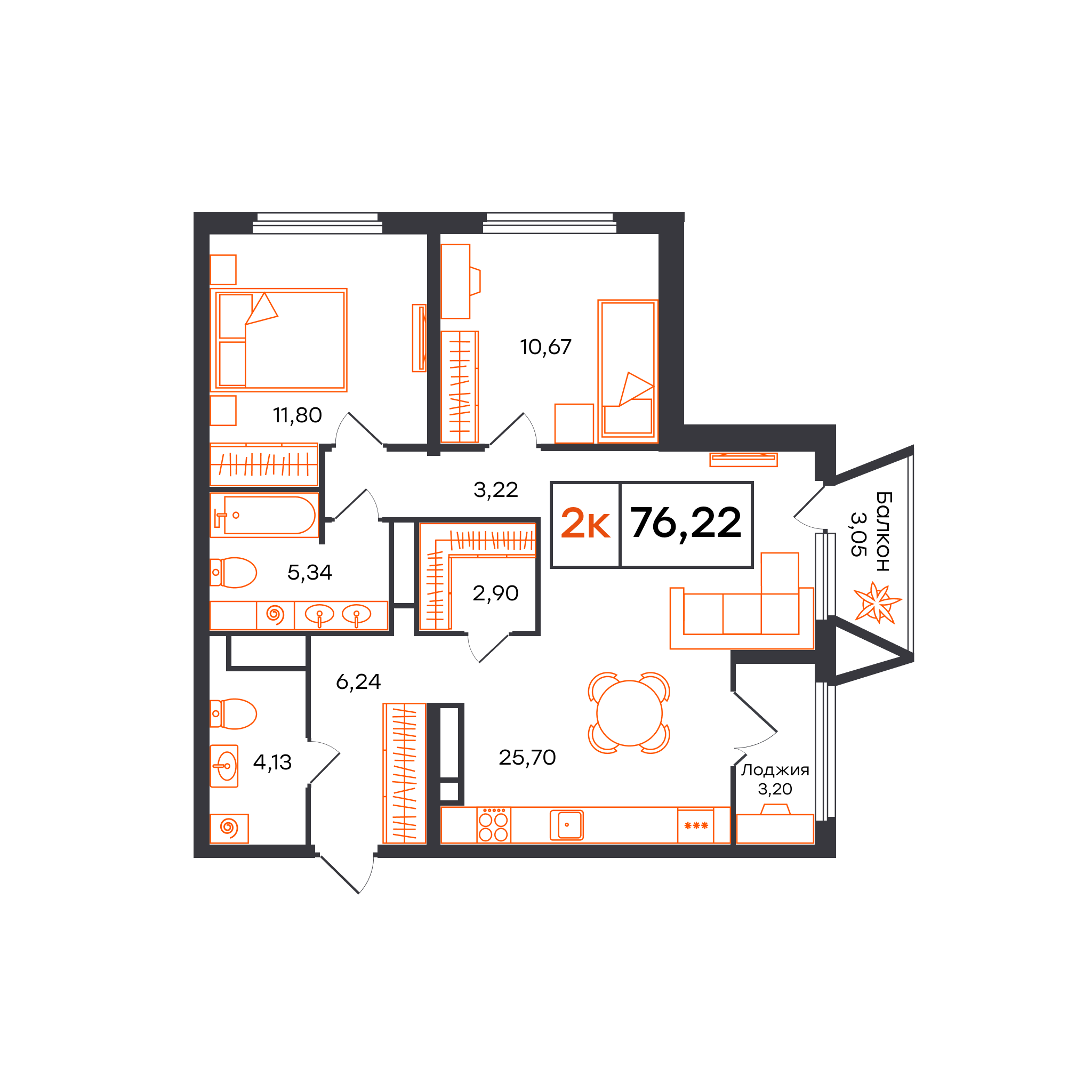 Планировка: Евротрешка 76.2 м² в ЖК Отличие, Комарово Парк