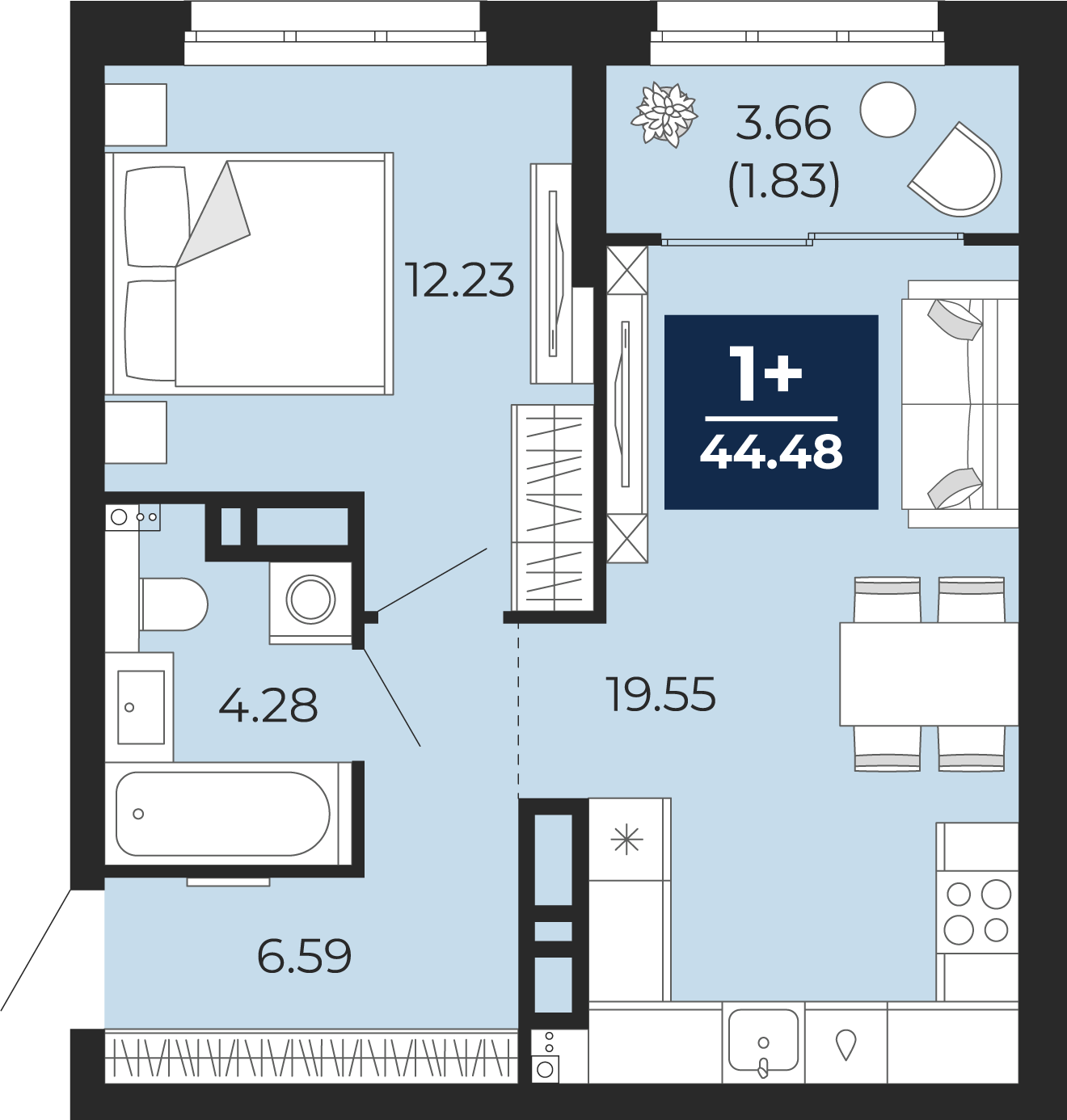 Планировка: Евродвушка 42.6 м² в ЖК Беринг, Лесобаза