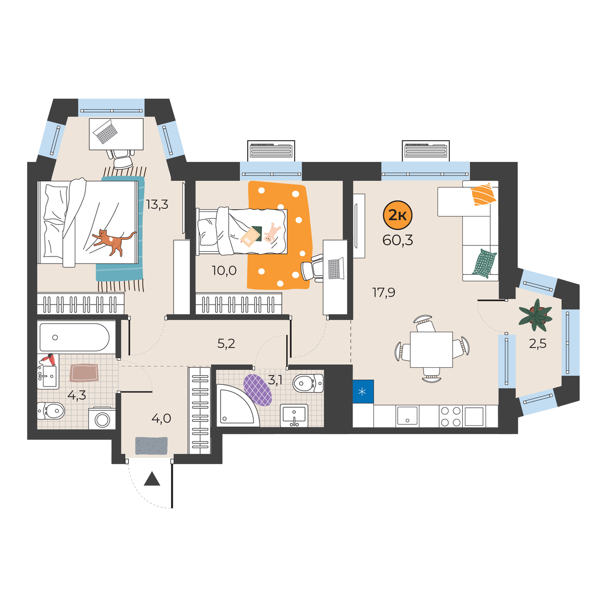 Планировка: Евротрешка 58.6 м² в ЖК Корней, Южный