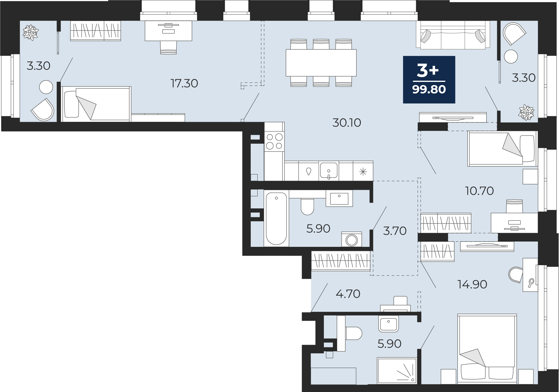 Планировка: 4-комнатная евро 93.2 м² в ЖК Айвазовский, 5-й Заречный