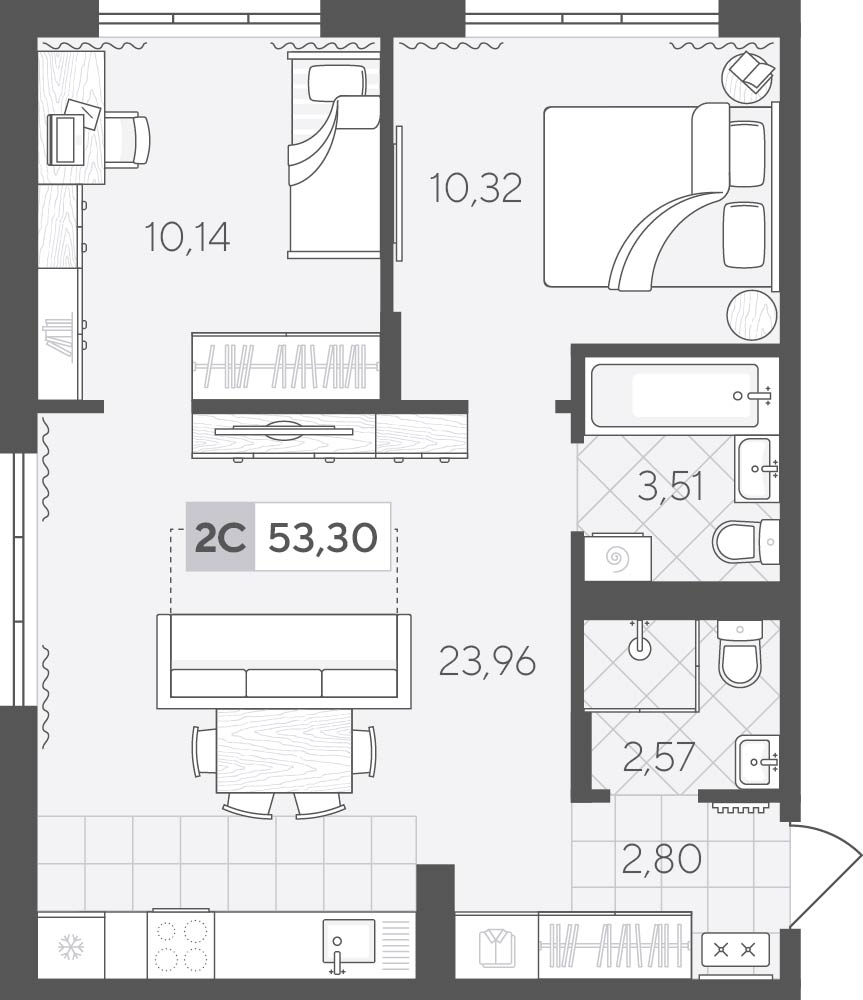 Планировка: Евротрешка 53.3 м² в ЖК Скандиа. Квартал у озера, Лесобаза