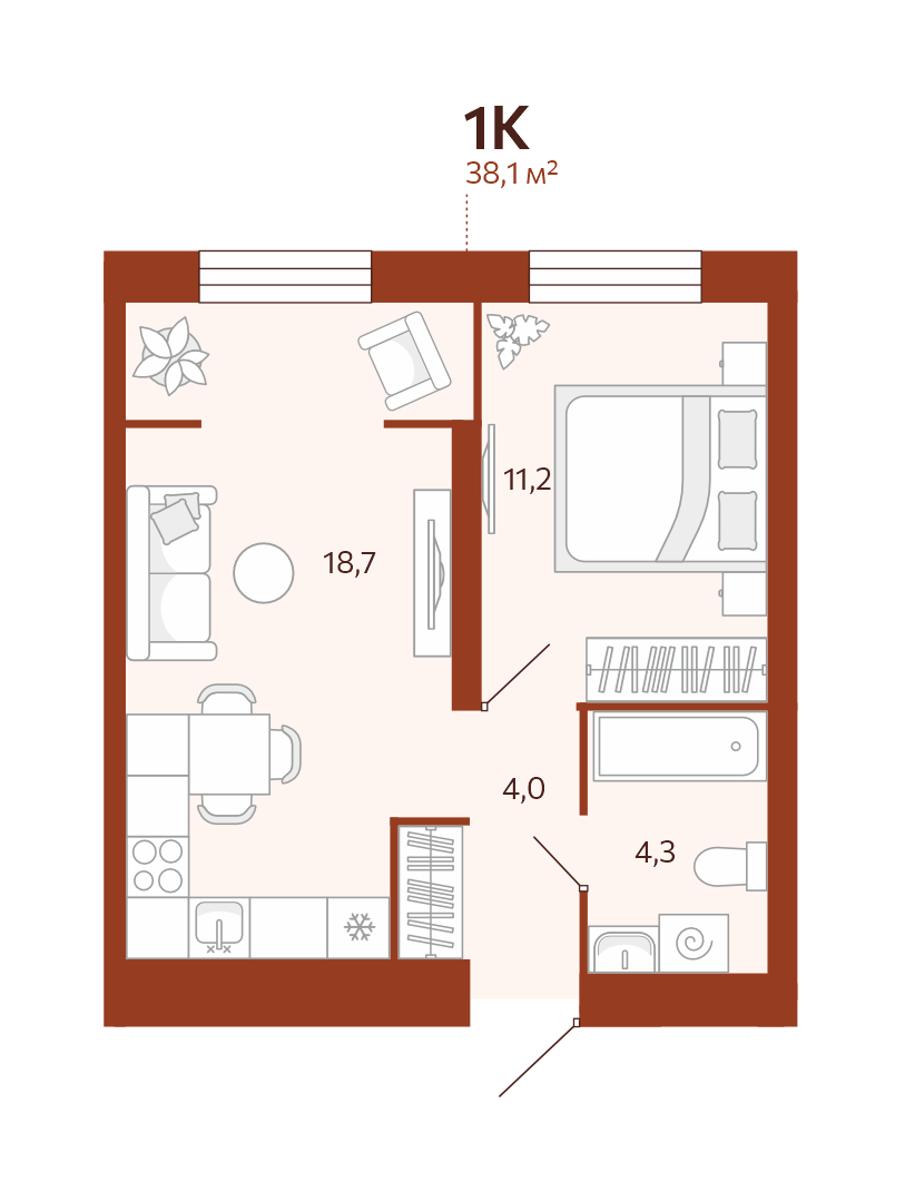 Планировка: Евродвушка 38.1 м² в ЖК Новатор, Центр: КПД