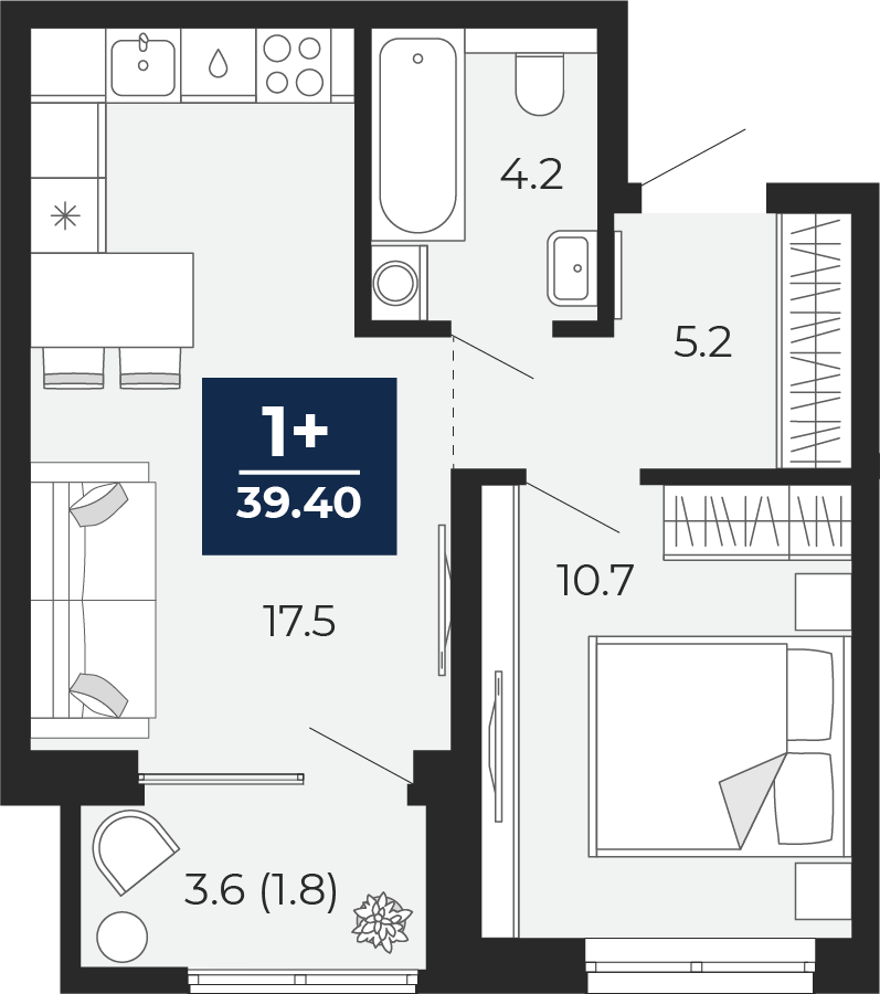 Планировка: Евродвушка 37.6 м² в ЖК Мириады, Мыс