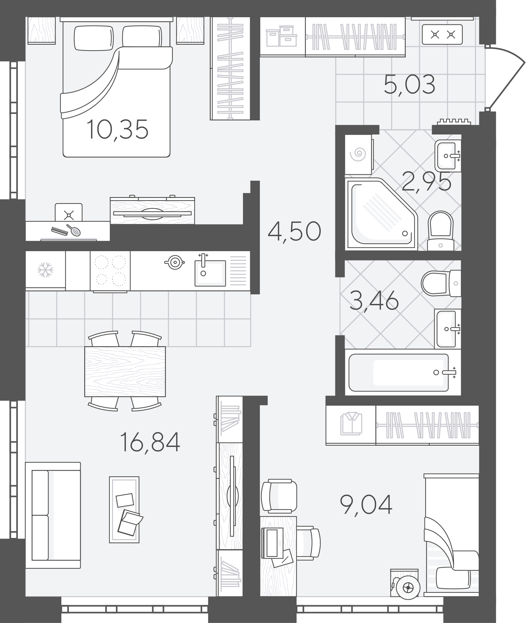 Планировка: Евротрешка 52.2 м² в ЖК Скандиа. Квартал в Слободе, Тюменская слобода