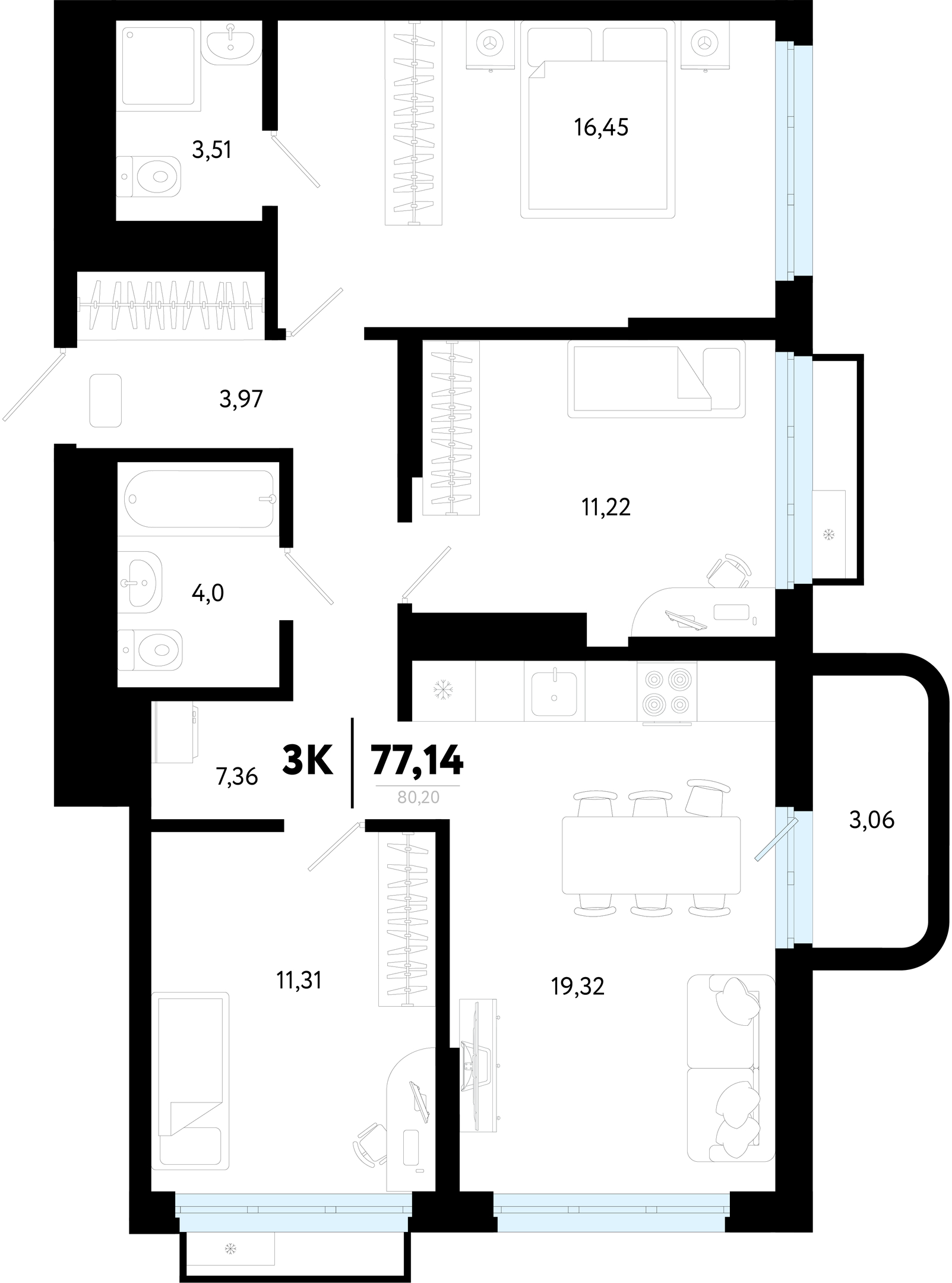 Планировка: 4-комнатная евро 77.1 м² в ЖК Символ, Комарово Парк