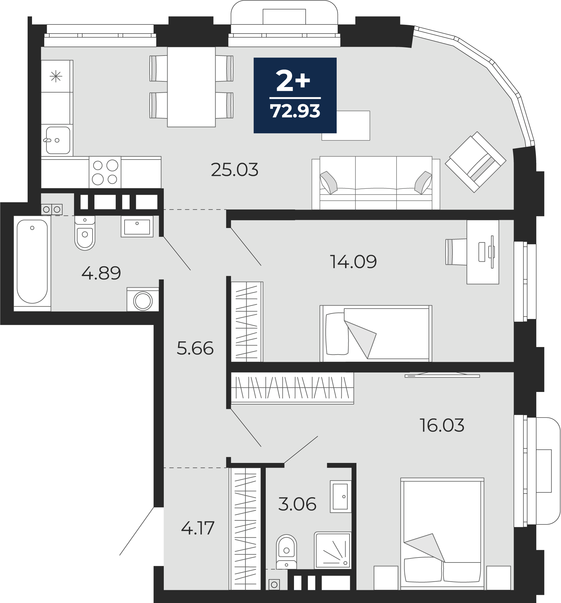 Планировка: Евротрешка 72.9 м² в ЖК Айвазовский, 5-й Заречный